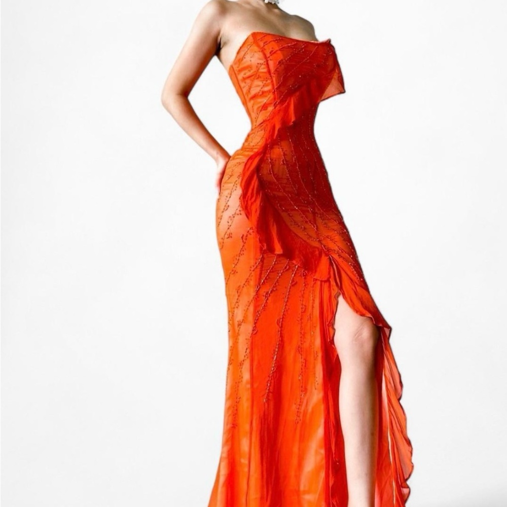 Elegant Vintage Orange Strapless Beaded Dress